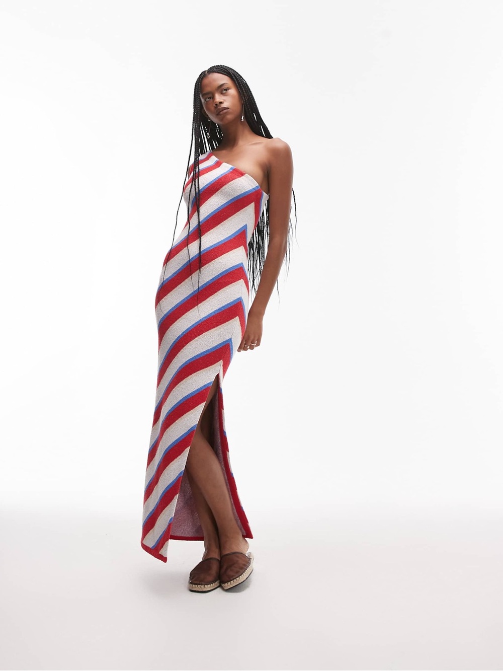 13. Topshop • NWT $80 US knitted stripe one shoulder maxi dress in multi colour